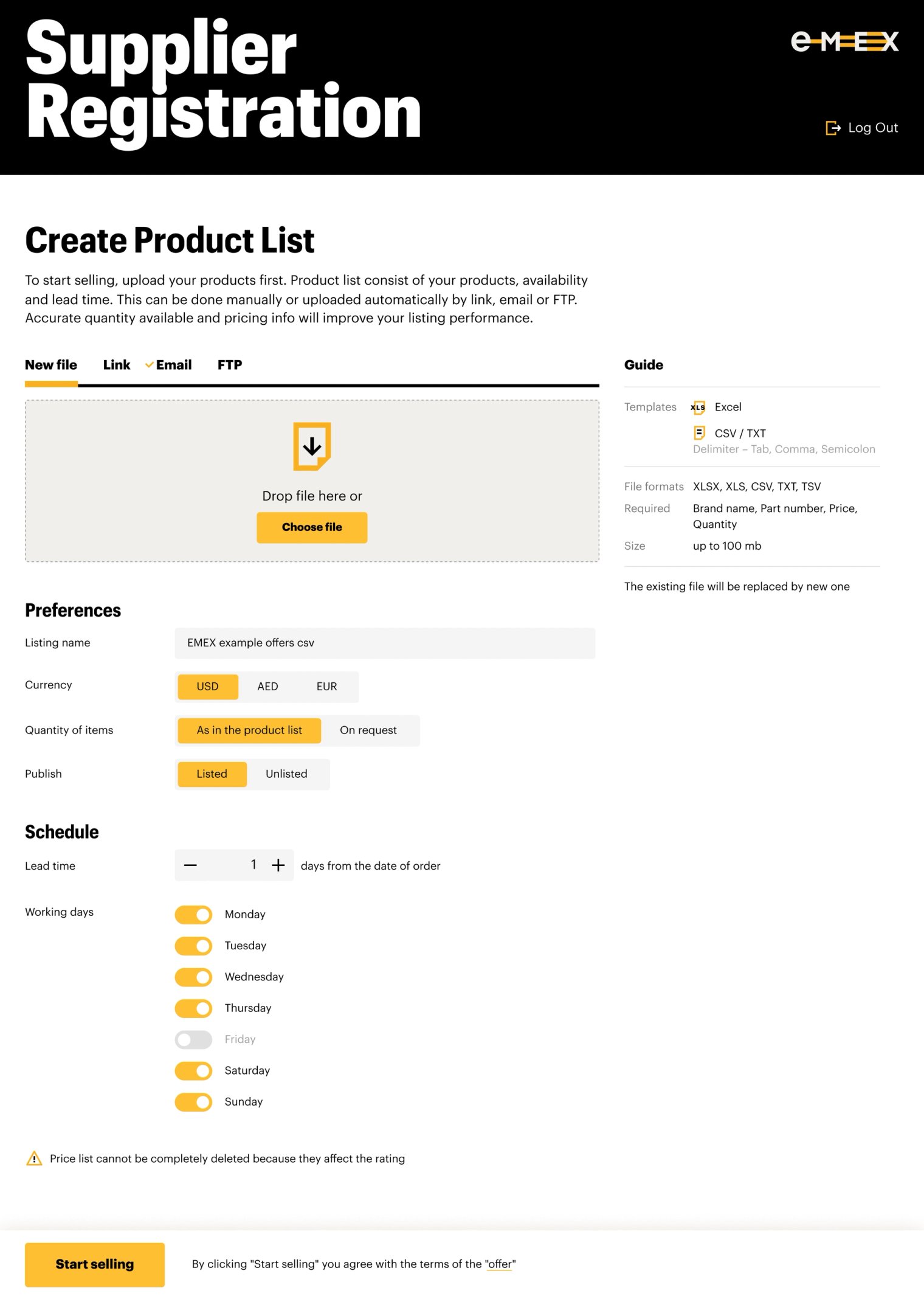 EMEX DWC product list upload during registration