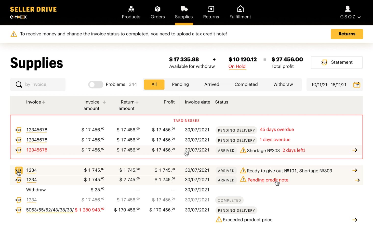 EMEX DWC supplies page with invoice statuses