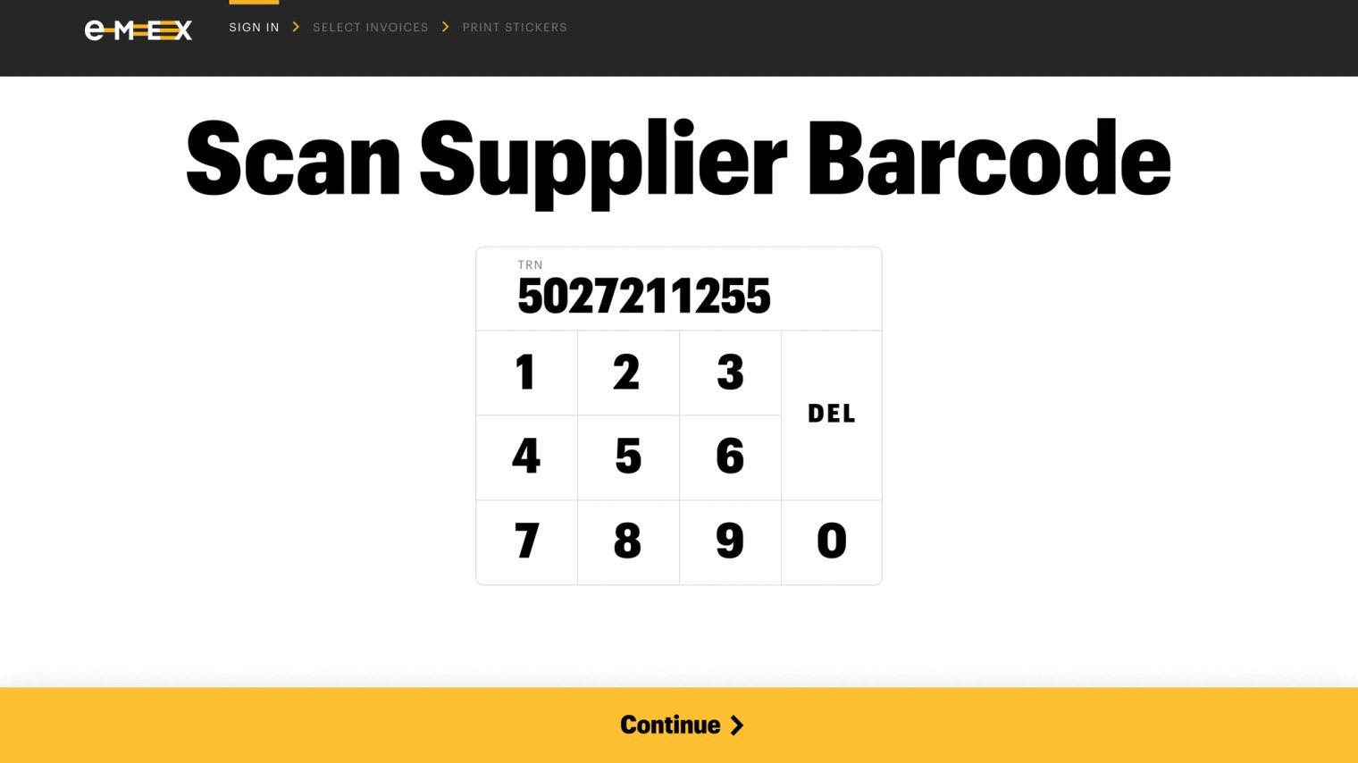 Emex terminal screen: Scan Supplier Barcode