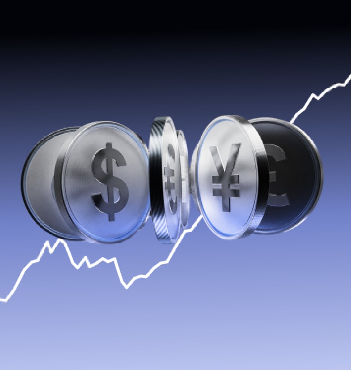 Silver currency coins over a rising line chart