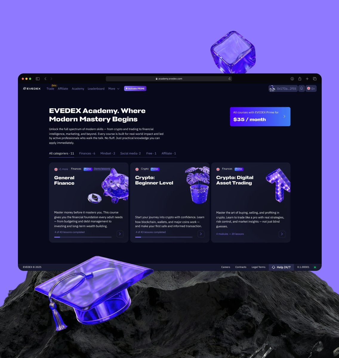 EVEDEX Academy course catalogue in a browser