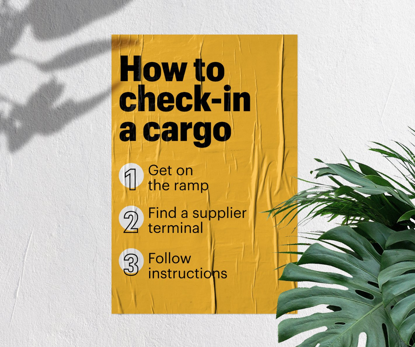 Yellow poster: How to check-in a cargo, 3 steps