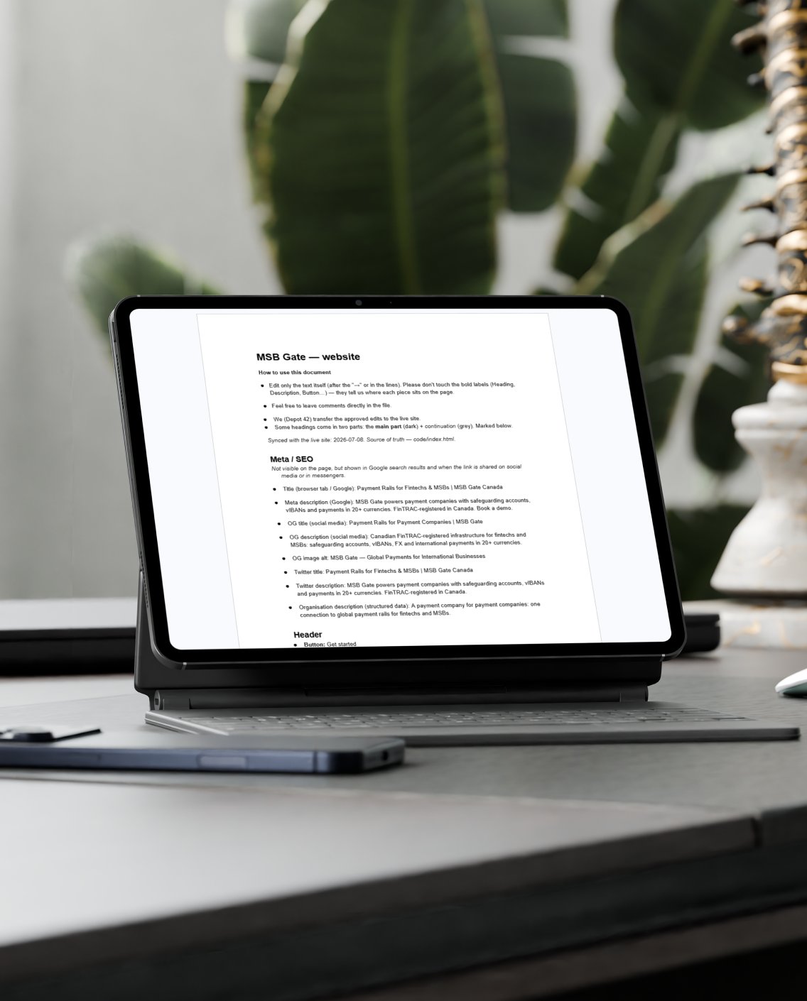 MSB Gate website copy document on a tablet
