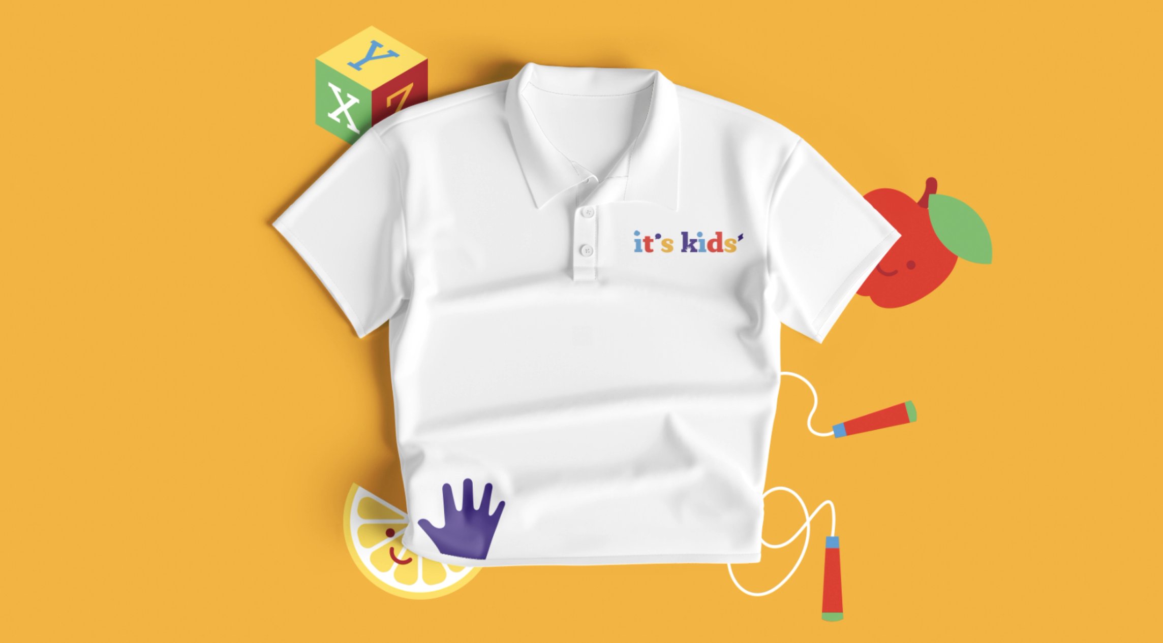 White polo shirt with the It's kids logo