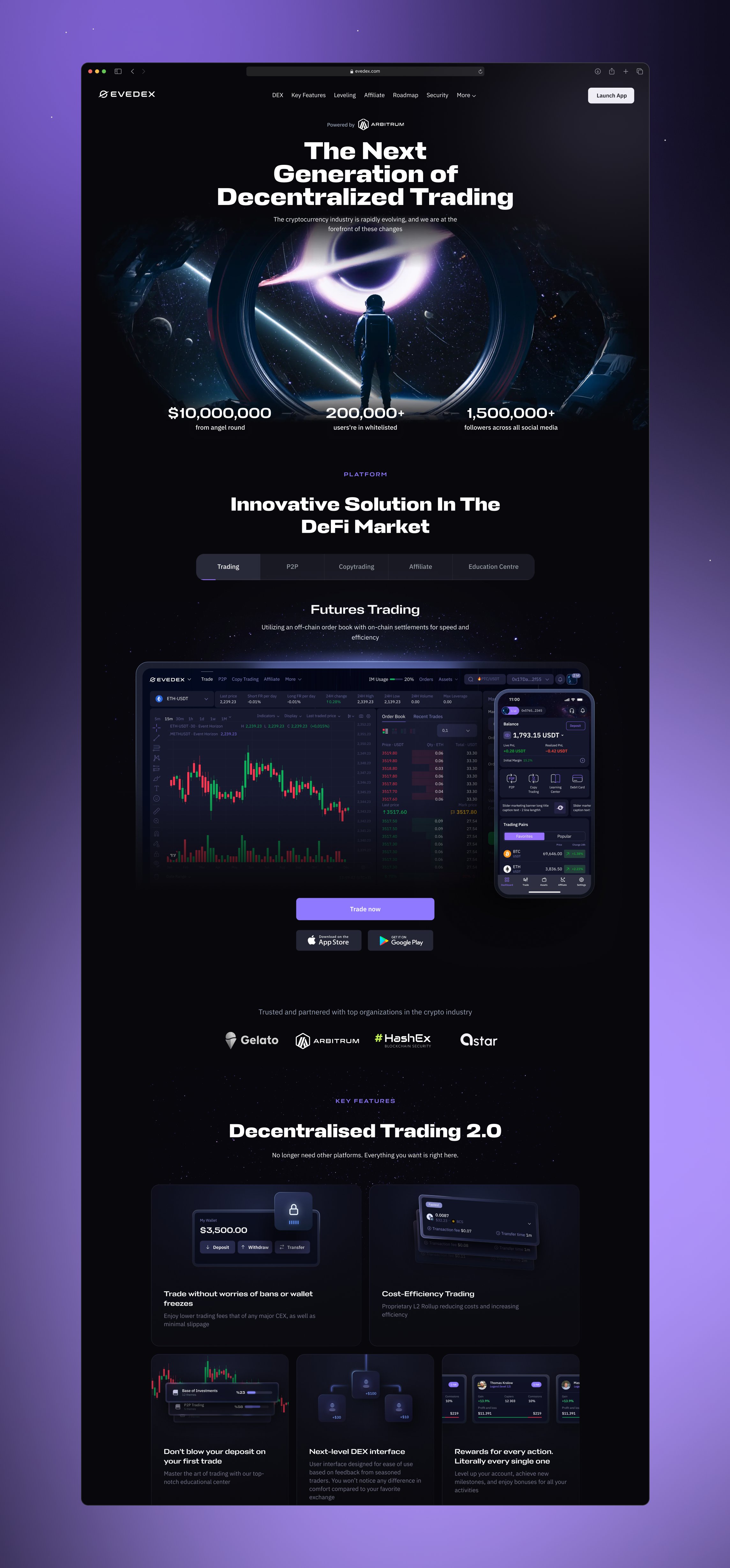 EVEDEX landing page for decentralized trading