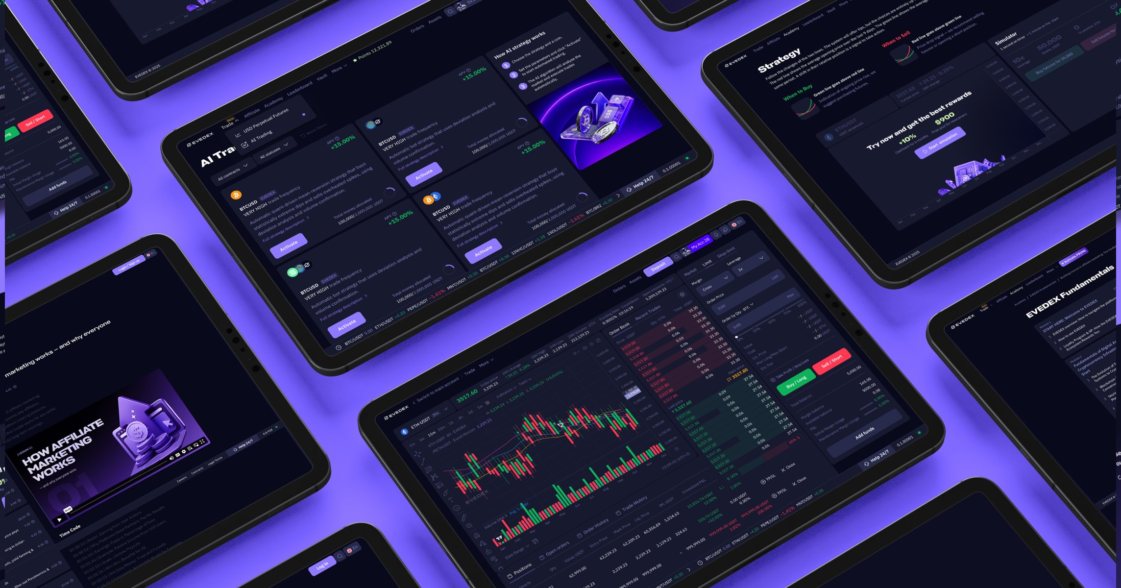 EVEDEX trading and academy screens on tablets