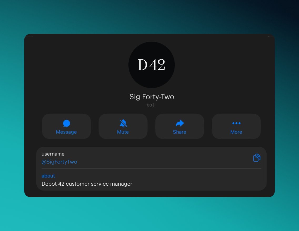 Profile card of Depot 42 support bot Sig Forty-Two