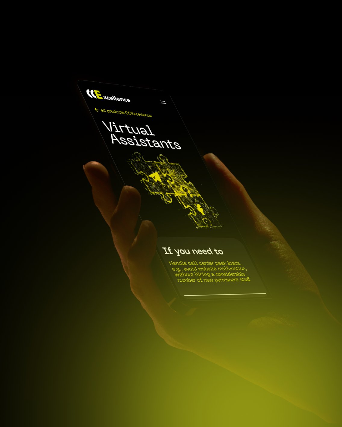 CC Excellence mobile page on a phone held in hand