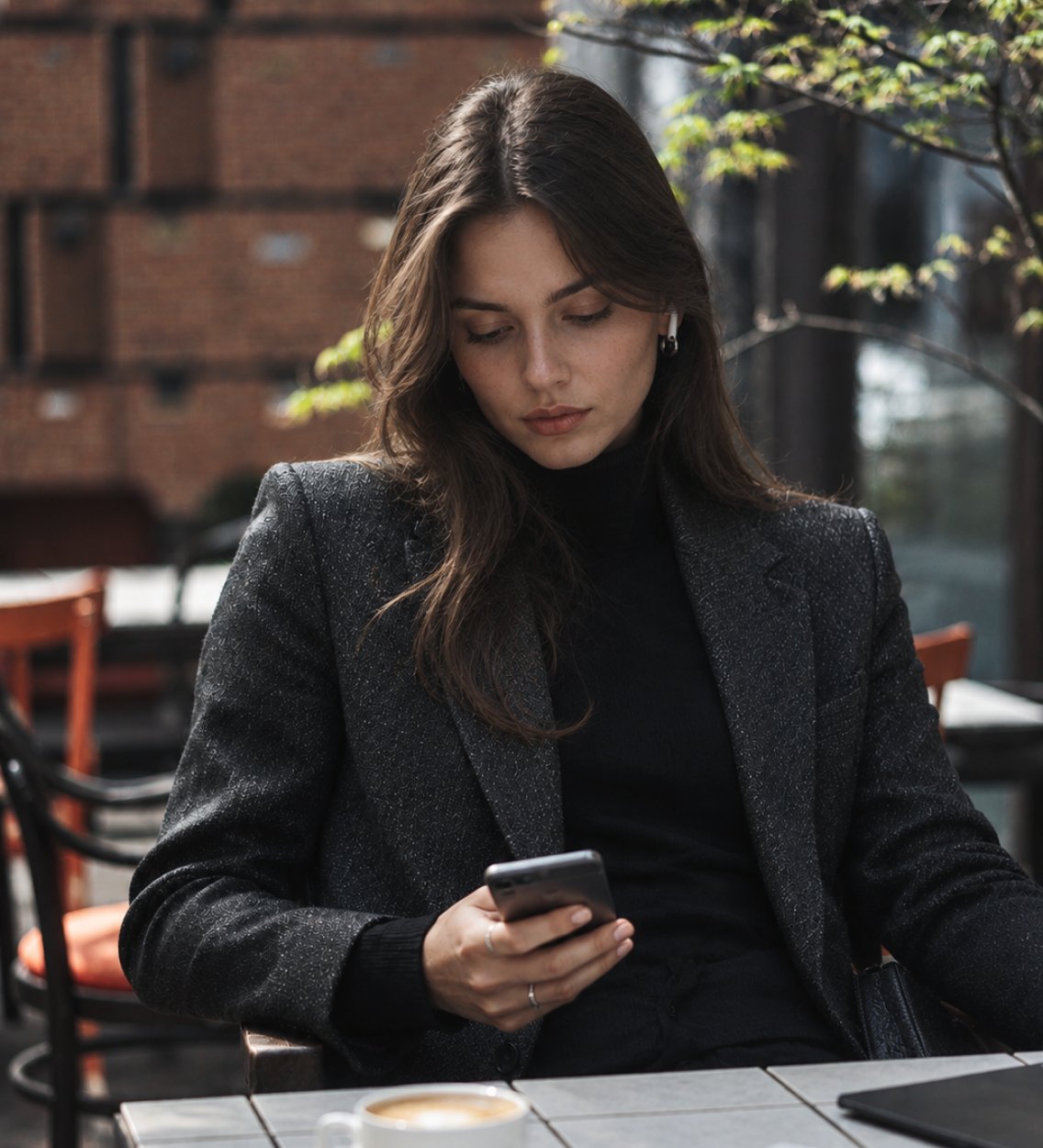 Woman at a cafe table looking at her phone