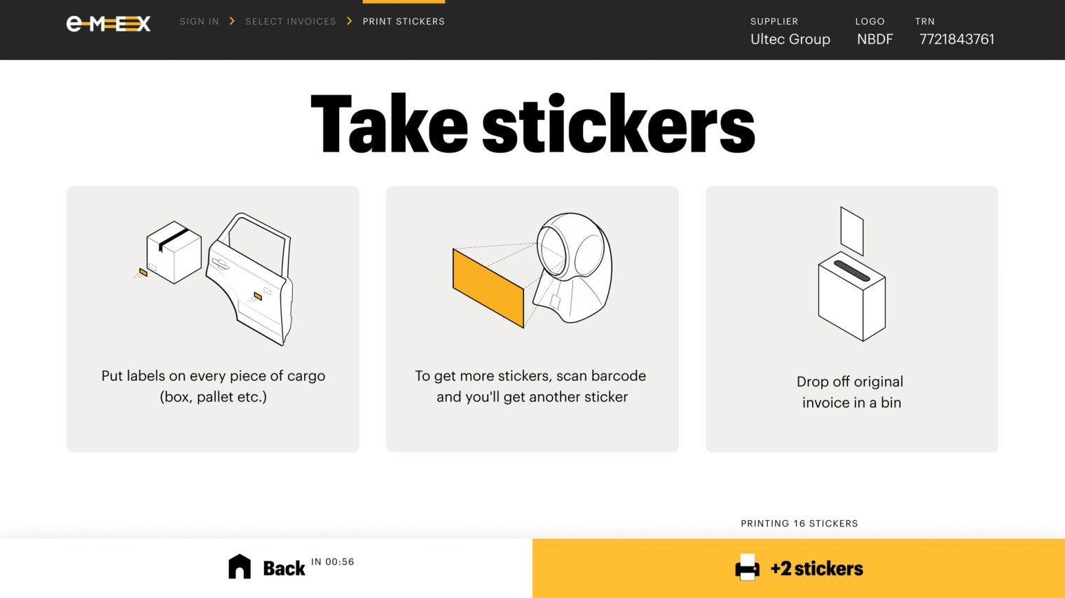 Emex terminal screen: Take stickers, three tips