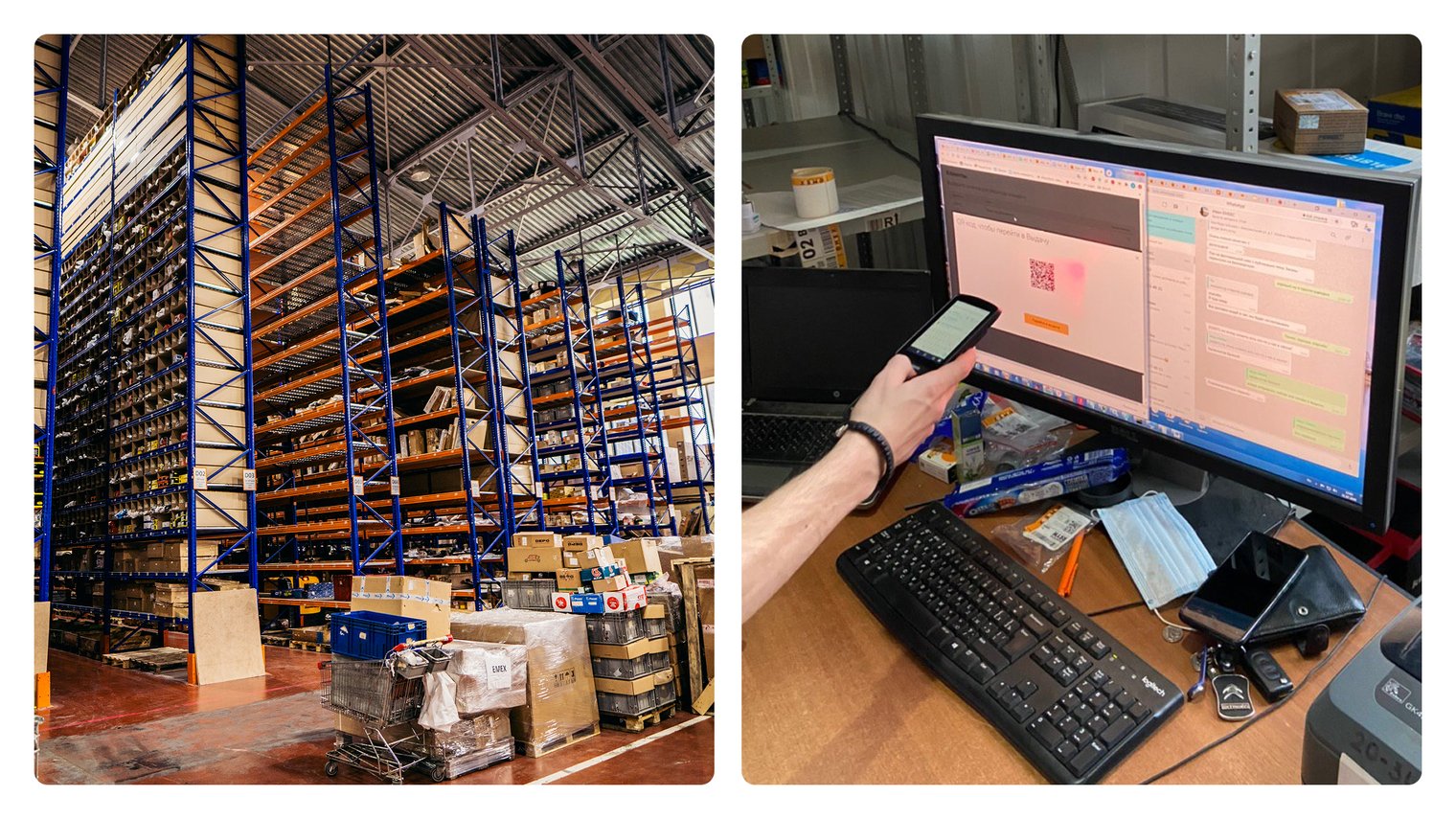 Warehouse racks and barcode scanning workstation