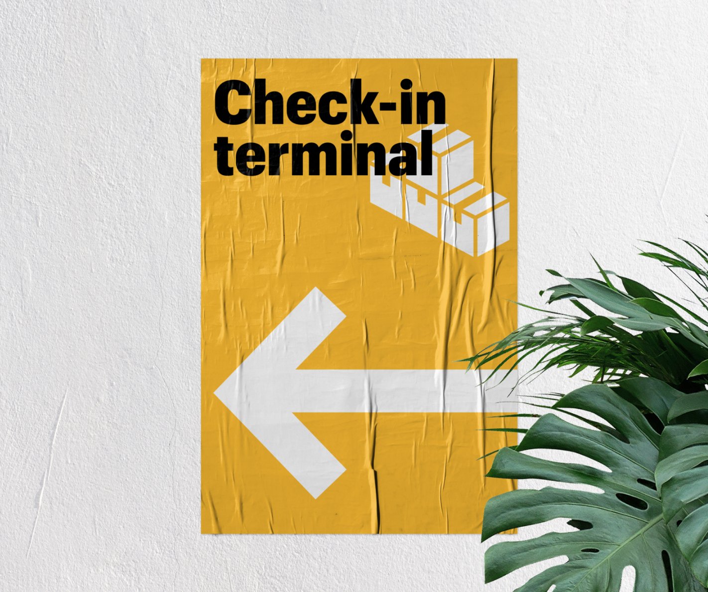 Yellow wayfinding poster: Check-in terminal