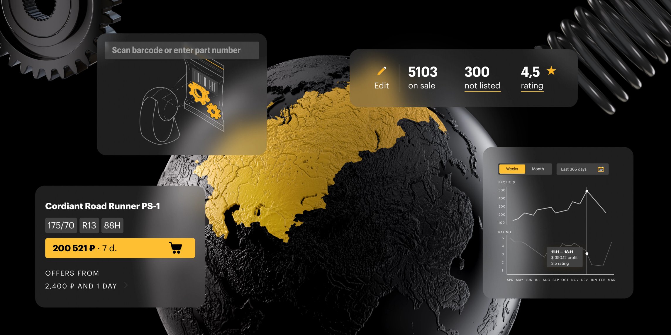Emex design system UI cards over a globe