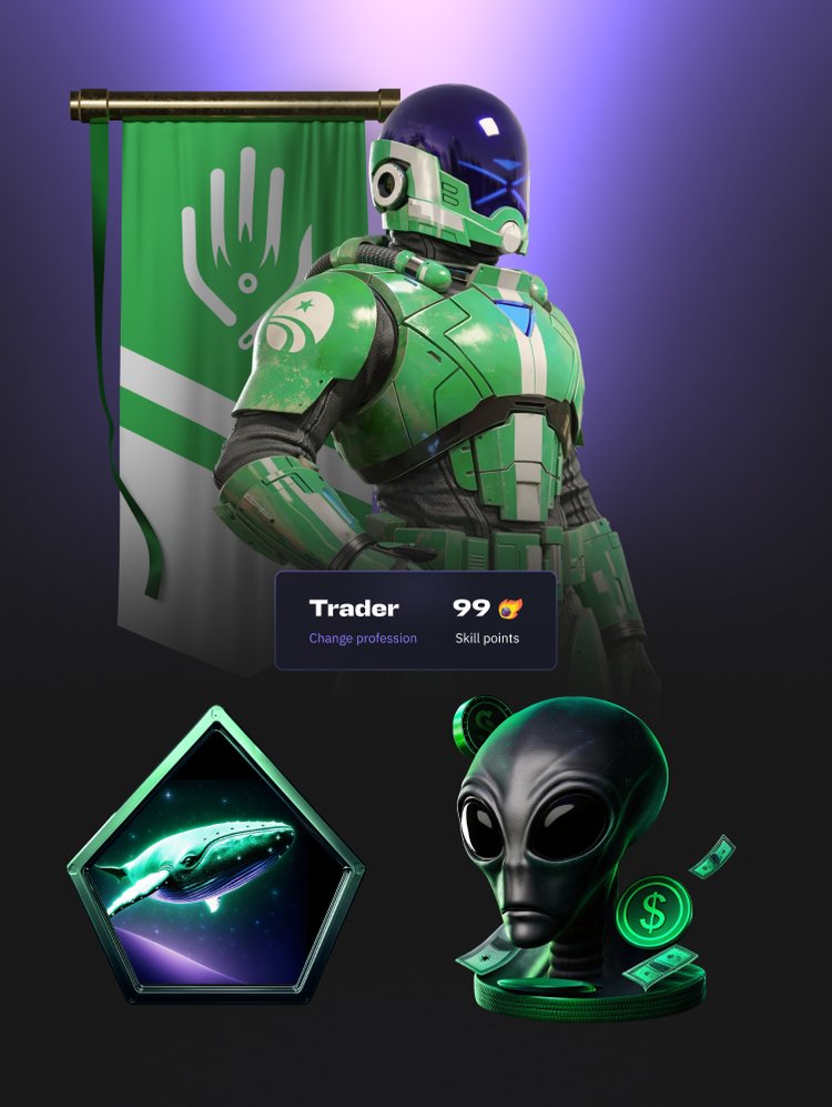 Trader character in green armour with badges