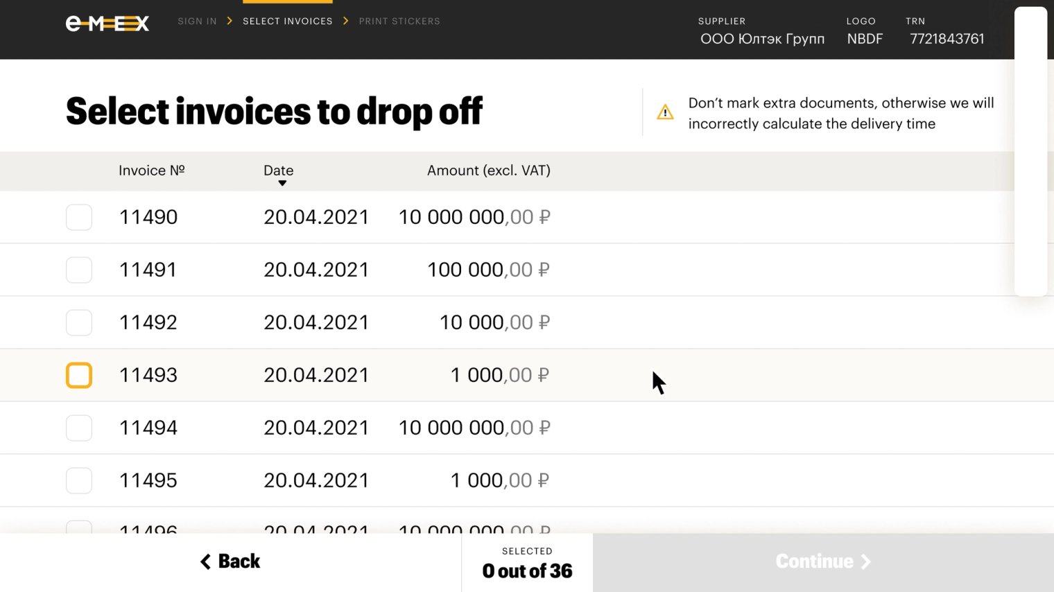 Emex terminal screen: Select invoices to drop off